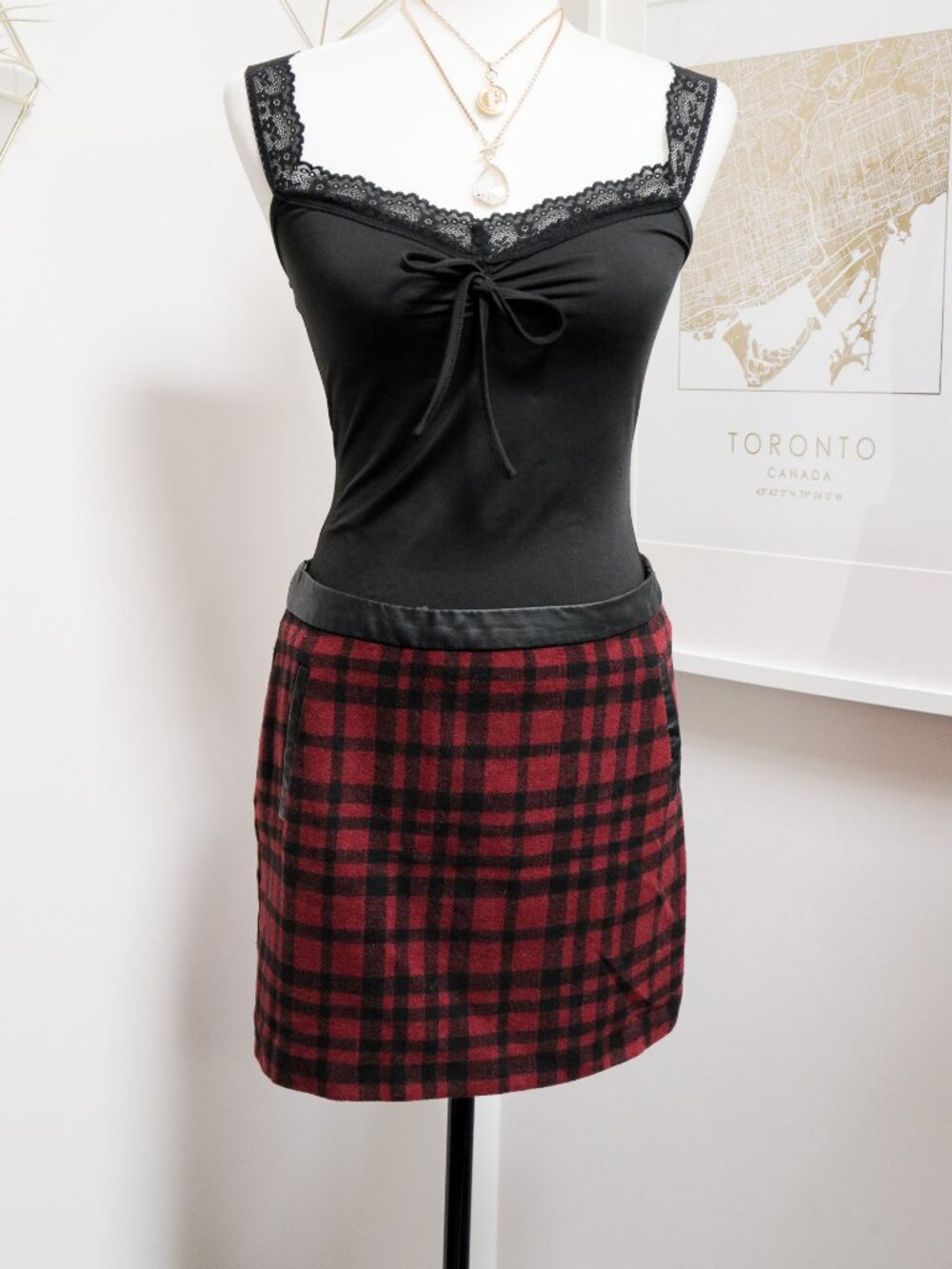 AS IS - Red & Black Plaid Fleece Mini Skirt w/ Faux Leather Trim, Dark Academia
